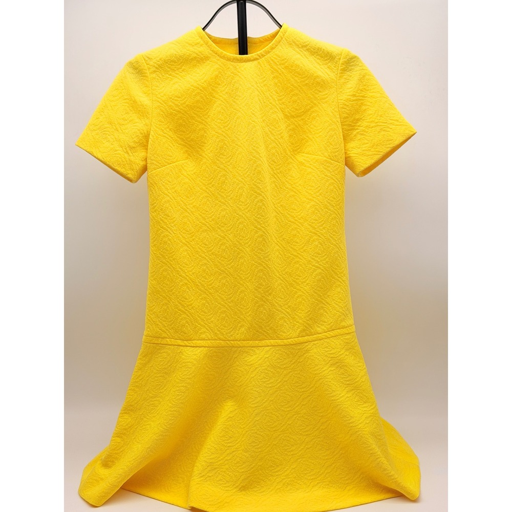 Bright Yellow Textured Drop Waist Short Sleeve Mini Dress Round Neck Back Zip‎